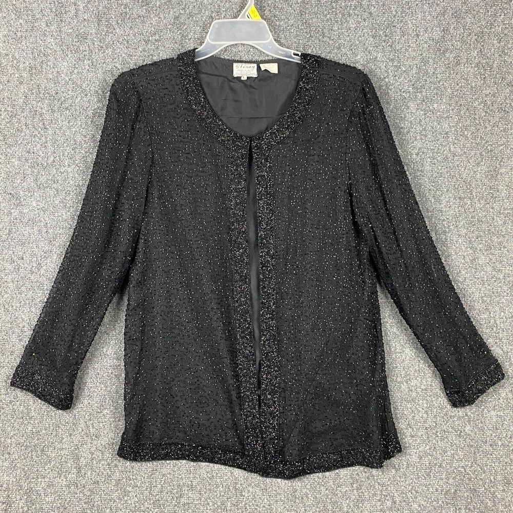Stenay Top Large Women's Long Sleeve Beaded 100% Silk‎ Black